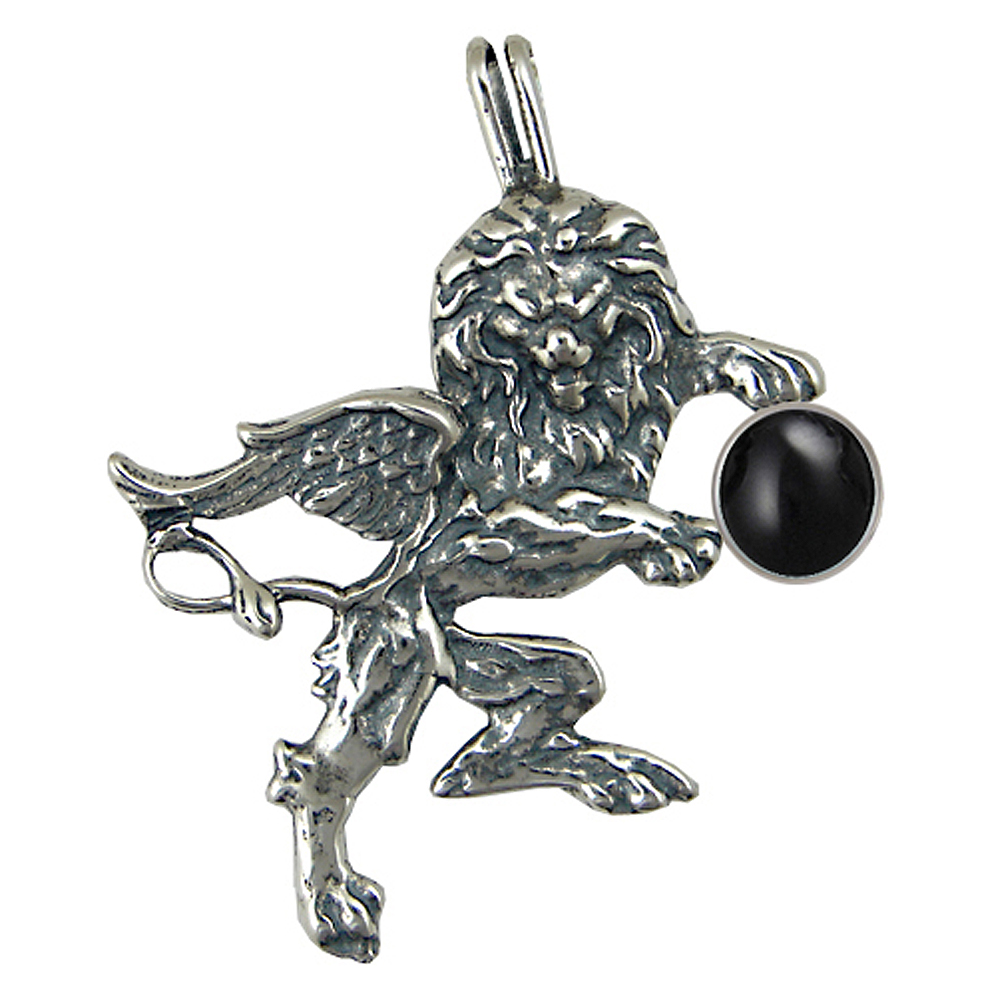 Sterling Silver Winged Lion of the Royal Court Pendant With Black Onyx